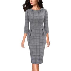 imageVFSHOW Womens Pleated Crew Neck Peplum Work Business Office Bodycon Pencil Sheath DressGrey Checker
