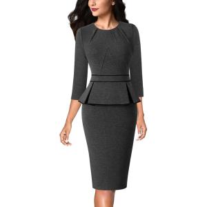 imageVFSHOW Womens Pleated Crew Neck Peplum Work Business Office Bodycon Pencil Sheath DressGrey With Black Piping