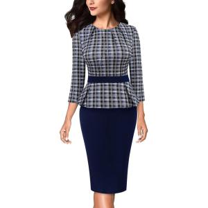 imageVFSHOW Womens Pleated Crew Neck Peplum Work Business Office Bodycon Pencil Sheath DressNavy Blueplaid