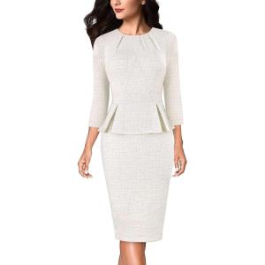 imageVFSHOW Womens Pleated Crew Neck Peplum Work Business Office Bodycon Pencil Sheath DressOffwhite Tweed