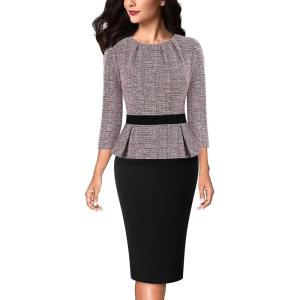 imageVFSHOW Womens Pleated Crew Neck Peplum Work Business Office Bodycon Pencil Sheath DressPink Tweedblack