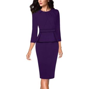 imageVFSHOW Womens Pleated Crew Neck Peplum Work Business Office Bodycon Pencil Sheath DressPurple With Black Piping