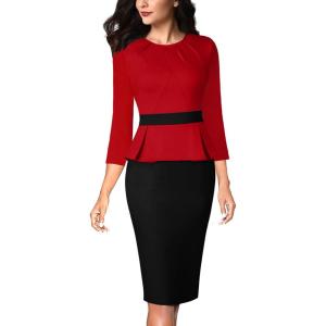 imageVFSHOW Womens Pleated Crew Neck Peplum Work Business Office Bodycon Pencil Sheath DressRed  Black