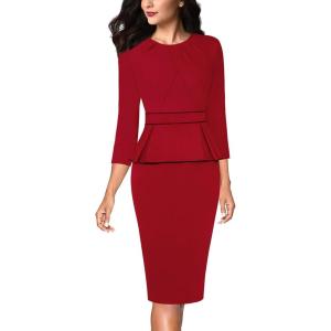 imageVFSHOW Womens Pleated Crew Neck Peplum Work Business Office Bodycon Pencil Sheath DressRed  Black Piping