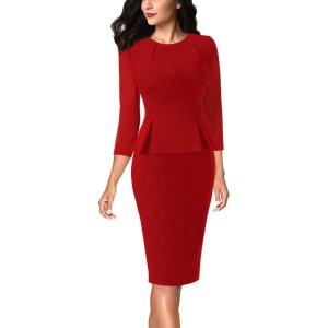 imageVFSHOW Womens Pleated Crew Neck Peplum Work Business Office Bodycon Pencil Sheath DressRed