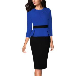 imageVFSHOW Womens Pleated Crew Neck Peplum Work Business Office Bodycon Pencil Sheath DressRoyal Blue  Black