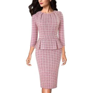 imageVFSHOW Womens Pleated Crew Neck Peplum Work Business Office Bodycon Pencil Sheath DressWhite and Pink Plaid Tweed