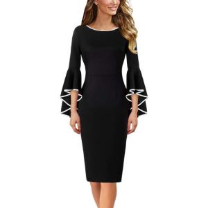 imageVFSHOW Womens Ruffle Bell Sleeves Business Cocktail Party Bodycon Pencil Sheath DressBlack With White Piping