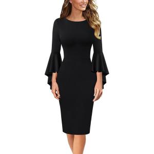imageVFSHOW Womens Ruffle Bell Sleeves Business Cocktail Party Bodycon Pencil Sheath DressBlackcotton Blend
