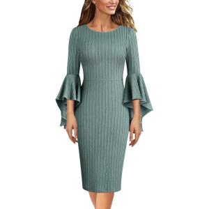 imageVFSHOW Womens Ruffle Bell Sleeves Business Cocktail Party Bodycon Pencil Sheath DressGreen Knit