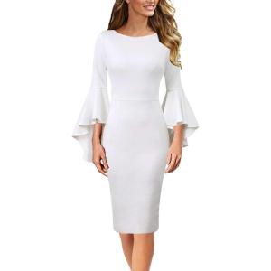 imageVFSHOW Womens Ruffle Bell Sleeves Business Cocktail Party Bodycon Pencil Sheath DressOff Whitewith Lining