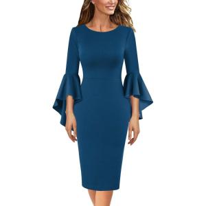 imageVFSHOW Womens Ruffle Bell Sleeves Business Cocktail Party Bodycon Pencil Sheath DressPeacock Blue