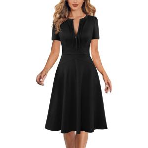 imageVFSHOW Womens Summer Work Business Dresses Pleated Crew Neck Front Zipper Button Office Slim Aline Fit and Flare DressBlack