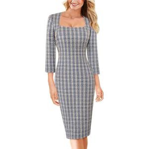 imageVFSHOW Womens Work Business Square Neck Bodycon Dress Office Retro Elegant Slim Fitted Pencil Sheath DressBlue Plaid Tweed