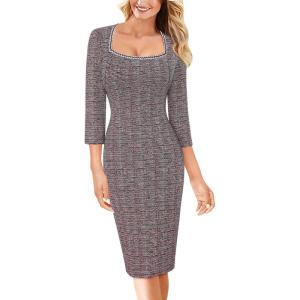 imageVFSHOW Womens Work Business Square Neck Bodycon Dress Office Retro Elegant Slim Fitted Pencil Sheath DressDark Red Tweed