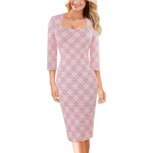 imageVFSHOW Womens Work Business Square Neck Bodycon Dress Office Retro Elegant Slim Fitted Pencil Sheath DressPink and Offwhite Tweed
