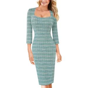 imageVFSHOW Womens Work Business Square Neck Bodycon Dress Office Retro Elegant Slim Fitted Pencil Sheath DressTeal Green Tweed