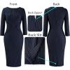 imageVFSHOW Womens 2025 Elegant Work Business Office Sheath Pencil Dresses Front Zipper Pleated Crew Neck Fitted Bodycon DressNavy Blue and White Striped