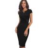 imageVFSHOW Womens Elegant Notch V Neck Ruched Work Office Business Church Bodycon Sheath DressBlack
