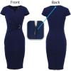 imageVFSHOW Womens Elegant Notch V Neck Ruched Work Office Business Church Bodycon Sheath DressNavy Blue