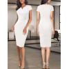 imageVFSHOW Womens Elegant Notch V Neck Ruched Work Office Business Church Bodycon Sheath DressOffwhite