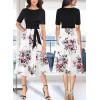 imageVFSHOW Womens Elegant Patchwork Pockets Pleated Work Office Business Casual Party Belted ALine Midi DressBlack  Offwhite Floral Print