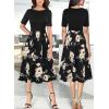 imageVFSHOW Womens Elegant Patchwork Pockets Pleated Work Office Business Casual Party Belted ALine Midi DressBlackfloral Prints