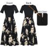 imageVFSHOW Womens Elegant Patchwork Pockets Pleated Work Office Business Casual Party Belted ALine Midi DressBlackfloral Prints