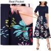 imageVFSHOW Womens Elegant Patchwork Pockets Pleated Work Office Business Casual Party Belted ALine Midi DressNavy Blue  Multi Floral Print