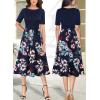 imageVFSHOW Womens Elegant Patchwork Pockets Pleated Work Office Business Casual Party Belted ALine Midi DressNavy Blue  Multi Floral Print