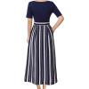 imageVFSHOW Womens Elegant Patchwork Pockets Pleated Work Office Business Casual Party Belted ALine Midi DressNavy Blue and White Striped Version C