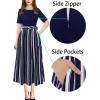 imageVFSHOW Womens Elegant Patchwork Pockets Pleated Work Office Business Casual Party Belted ALine Midi DressNavy Blue and White Striped Version C