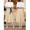 imageVFSHOW Womens Elegant Patchwork Pockets Pleated Work Office Business Casual Party Belted ALine Midi DressOff Whiteblackapricot