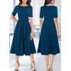 imageVFSHOW Womens Elegant Patchwork Pockets Pleated Work Office Business Casual Party Belted ALine Midi DressPeacock Blue