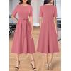 imageVFSHOW Womens Elegant Patchwork Pockets Pleated Work Office Business Casual Party Belted ALine Midi DressPink