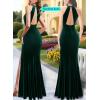 imageVFSHOW Womens Formal Illusion Halter Keyhole Back Prom High Slit Maxi Dress Wedding Guest Applique Twist Front Evening GownEmerald Velvet