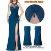imageVFSHOW Womens Formal Illusion Halter Keyhole Back Prom High Slit Maxi Dress Wedding Guest Applique Twist Front Evening GownPeacock Blue