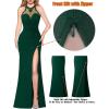 imageVFSHOW Womens Formal Illusion Halter Keyhole Back Prom High Slit Maxi Dress Wedding Guest Applique Twist Front Evening GownSparkly Green