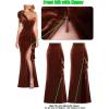 imageVFSHOW Womens Formal Prom Elegant Ruffle One Shoulder Beaded Strap Ruched Slit Maxi Dress Wedding Evening Long GownBrown Velvet