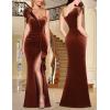 imageVFSHOW Womens Formal Prom Elegant Ruffle One Shoulder Beaded Strap Ruched Slit Maxi Dress Wedding Evening Long GownBrown Velvet