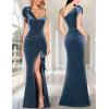 imageVFSHOW Womens Formal Prom Elegant Ruffle One Shoulder Beaded Strap Ruched Slit Maxi Dress Wedding Evening Long GownDusty Blue Velvet
