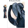 imageVFSHOW Womens Formal Prom Elegant Ruffle One Shoulder Beaded Strap Ruched Slit Maxi Dress Wedding Evening Long GownDusty Blue Velvet