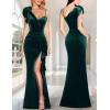 imageVFSHOW Womens Formal Prom Elegant Ruffle One Shoulder Beaded Strap Ruched Slit Maxi Dress Wedding Evening Long GownEmerald Green Velvet