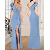 imageVFSHOW Womens Formal Prom Elegant Ruffle One Shoulder Beaded Strap Ruched Slit Maxi Dress Wedding Evening Long GownSparkly Dusty Blue