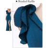 imageVFSHOW Womens Formal Prom Elegant Ruffle One Shoulder Beaded Strap Ruched Slit Maxi Dress Wedding Evening Long GownSparkly Peacock Blue