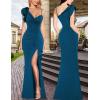 imageVFSHOW Womens Formal Prom Elegant Ruffle One Shoulder Beaded Strap Ruched Slit Maxi Dress Wedding Evening Long GownSparkly Peacock Blue