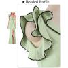imageVFSHOW Womens Formal Prom Elegant Ruffle One Shoulder Beaded Strap Ruched Slit Maxi Dress Wedding Evening Long GownSparkly Sage Green
