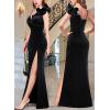 imageVFSHOW Womens Formal Prom Ruffle One Shoulder Strap Ruched Maxi Dress 2024 Sexy Twist Front Split Wedding Guest Evening GownBlack Velvet