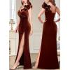 imageVFSHOW Womens Formal Prom Ruffle One Shoulder Strap Ruched Maxi Dress 2024 Sexy Twist Front Split Wedding Guest Evening GownBrown Velvet