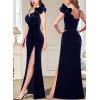 imageVFSHOW Womens Formal Prom Ruffle One Shoulder Strap Ruched Maxi Dress 2024 Sexy Twist Front Split Wedding Guest Evening GownNavy Blue Velvet